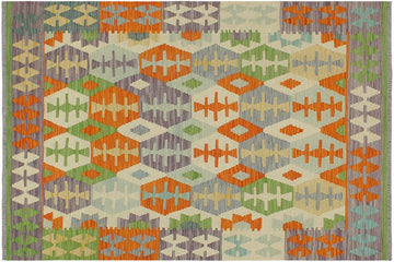 Flat Weave Kilim, Antique, Navaho, Vintage, Handmade, Modern Kilim Orange Purple Hand-Woven Rectangle 100% Wool Area Rug 4 x 6